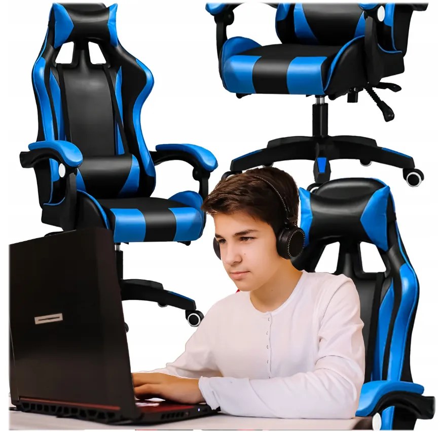 Comoda sedia da gaming con cuscino nero e blu