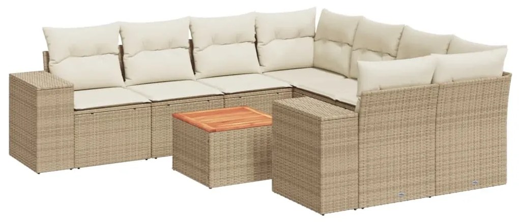 Set divano da giardino 9 pz con cuscini beige in polyrattan