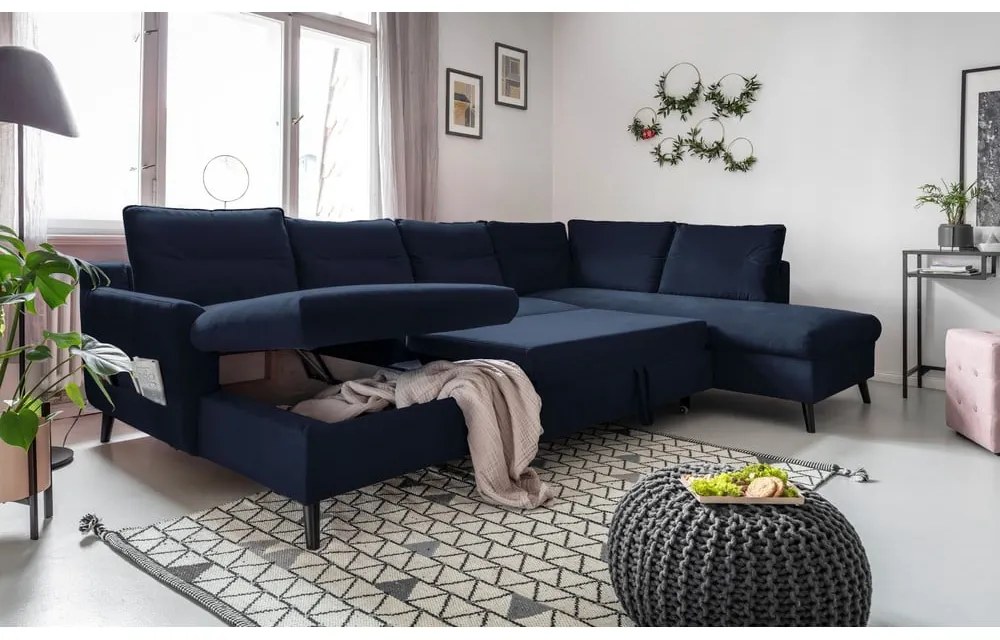 Divano letto a U blu scuro, angolo destro Stylish Stan - Miuform