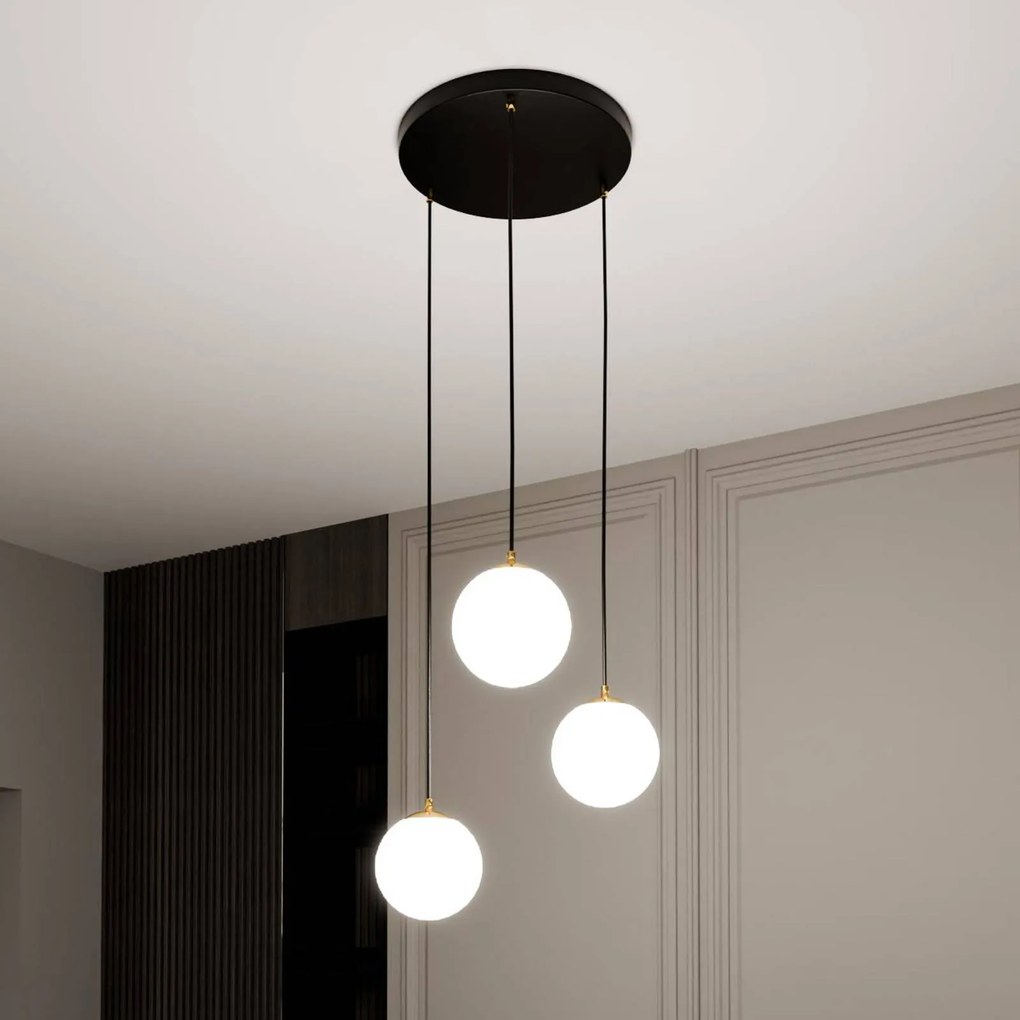 EMIBIG LIGHTING Lampada a sospensione Royal, a 3 luci, bianco opalino/nero, vetro, E14