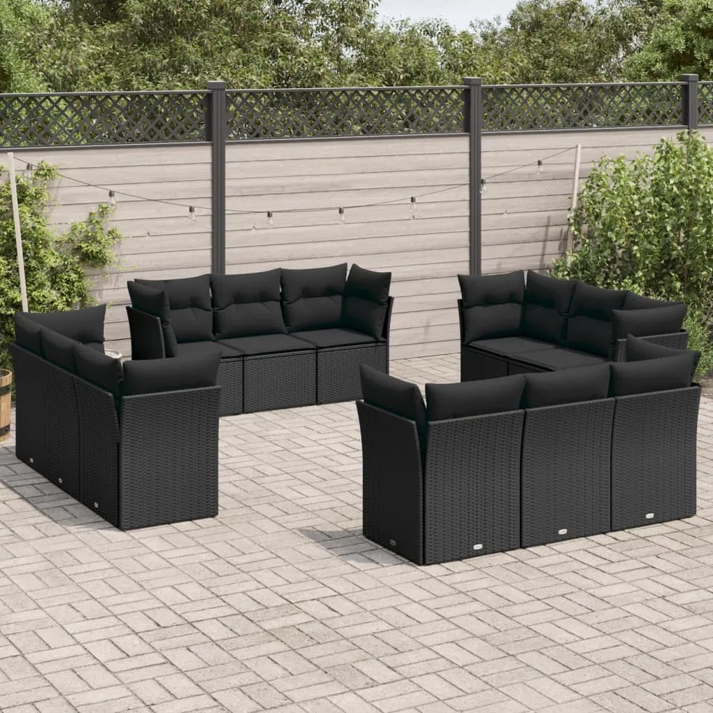 Set divani da giardino 12 pz con cuscini nero in polyrattan