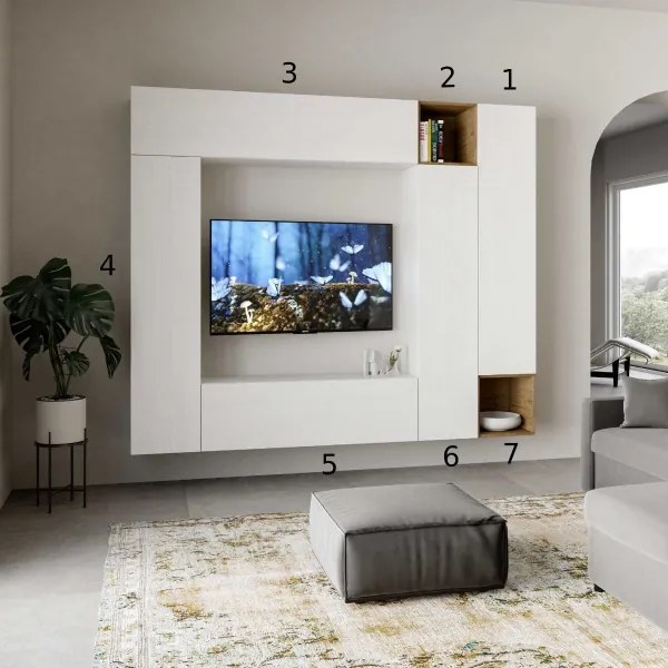 Parete soggiorno Isoka A32 L.254 H.214 Bianco e Quercia