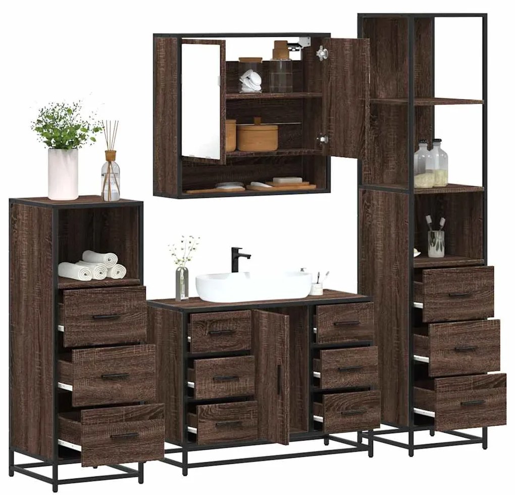 Set Mobili Da Bagno 4 Pz Rovere Marrone İn Legno Multistrato /