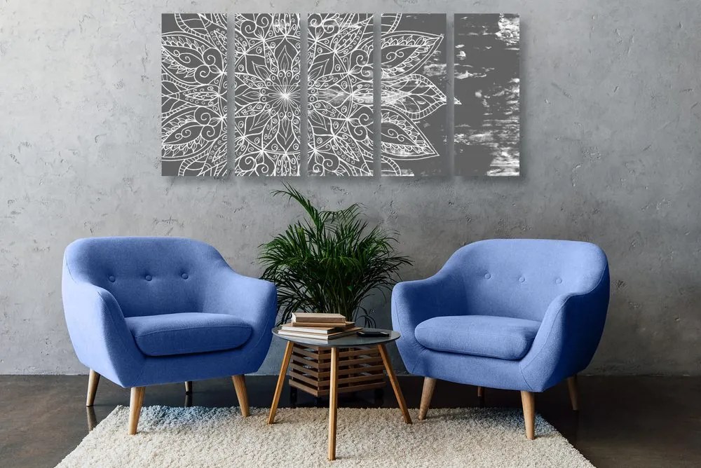 Quadri 5 pezzi – Texture di Mandala in bianco e nero