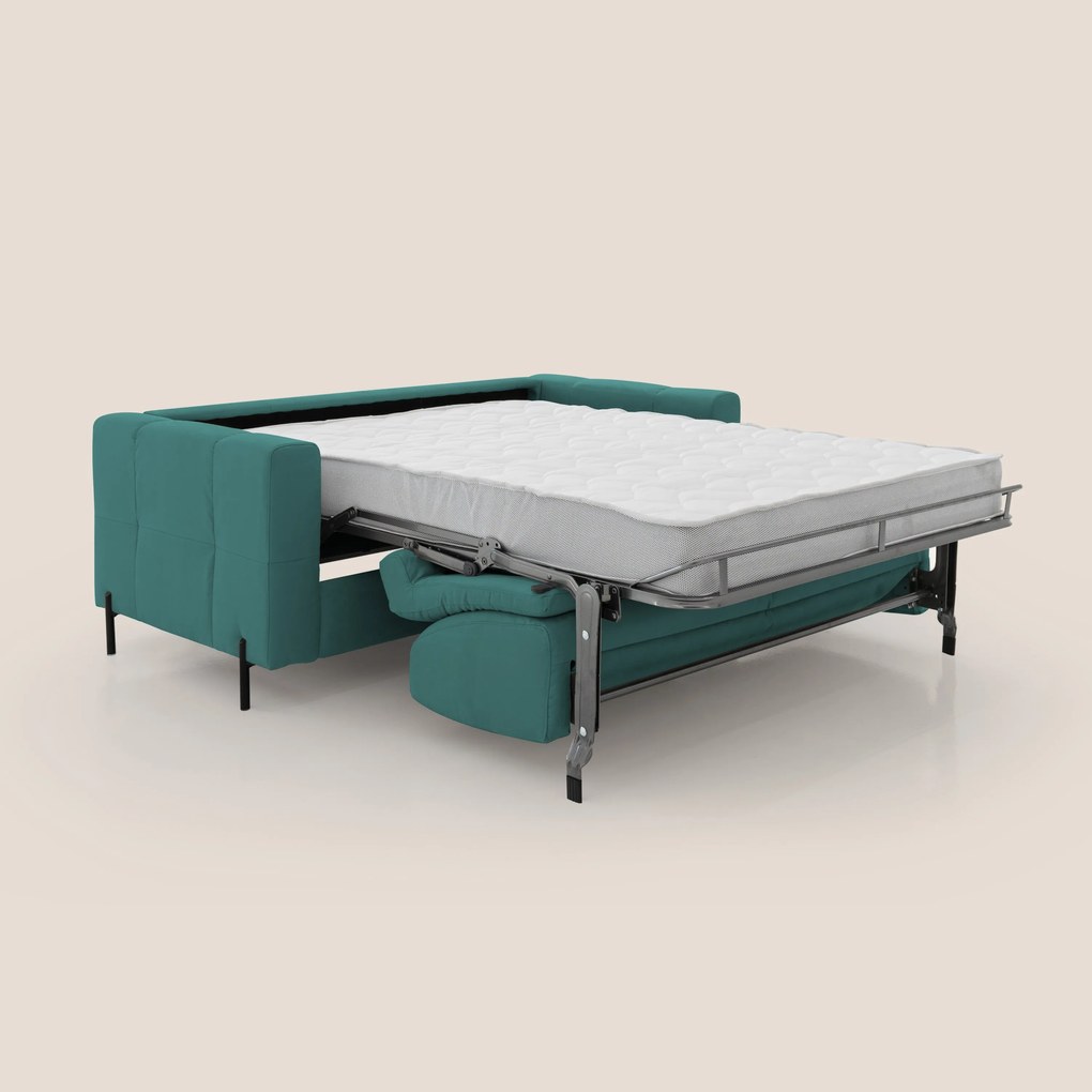 Ortensia divano letto materasso H18 cm con piedi alti in elegante microfibra smacchiabile T11 petrolio