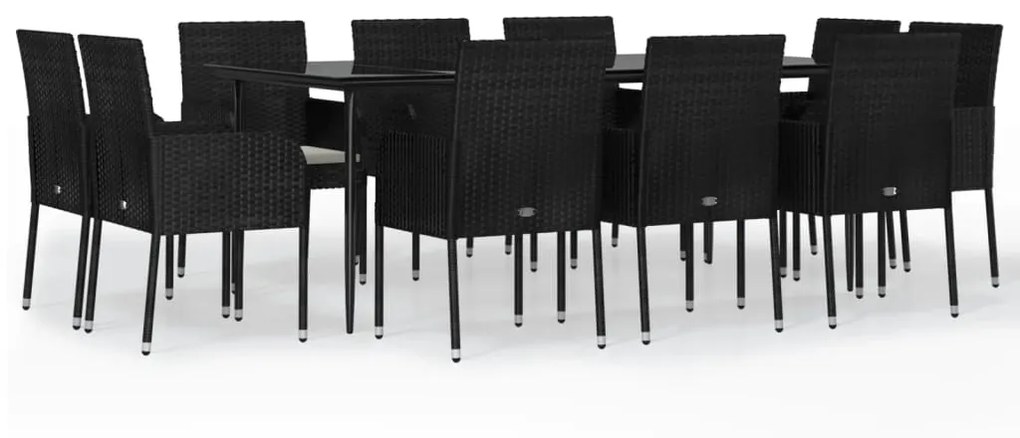 Set da pranzo da giardino 11 pz con cuscini in polyrattan nero