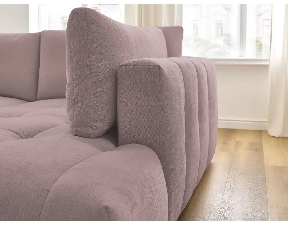 Divano angolare rosa allungabile e con contenitore (penisola a destra/a L) con rivestimento in ciniglia Fuji – Bobochic Paris