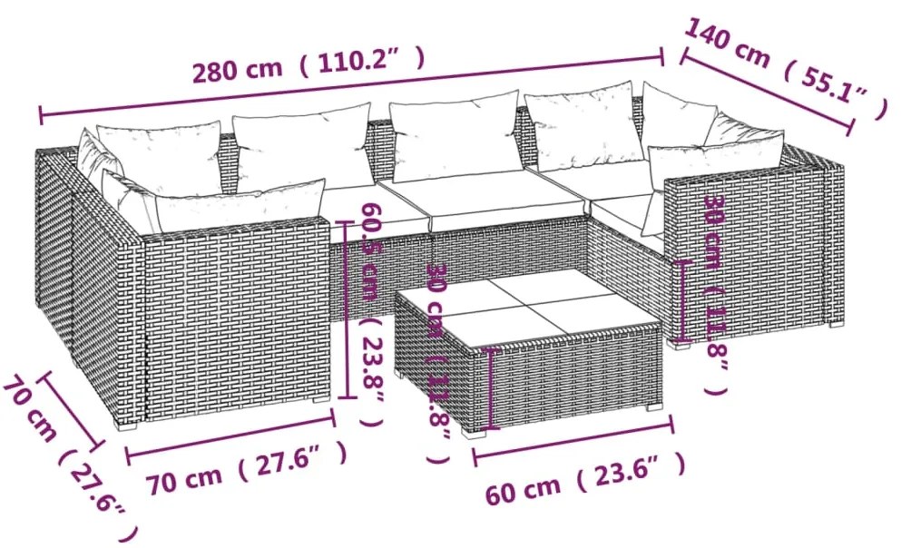 Set Divani da Giardino 7 pz con Cuscini in Polyrattan Marrone