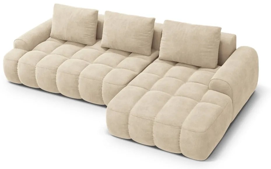 Divano angolare beige allungabile/con contenitore (con penisola a destra/con chaise lounge) con rivestimento in velluto Linz – Cosmopolitan Design