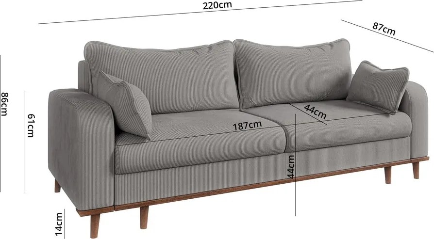 Divano grigio chiaro in velluto a coste 220 cm Beata - Ropez