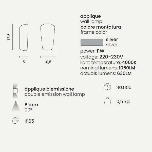 Lampada applique da esterno 10,5x5 cm PIC in alluminio verniciato Silver