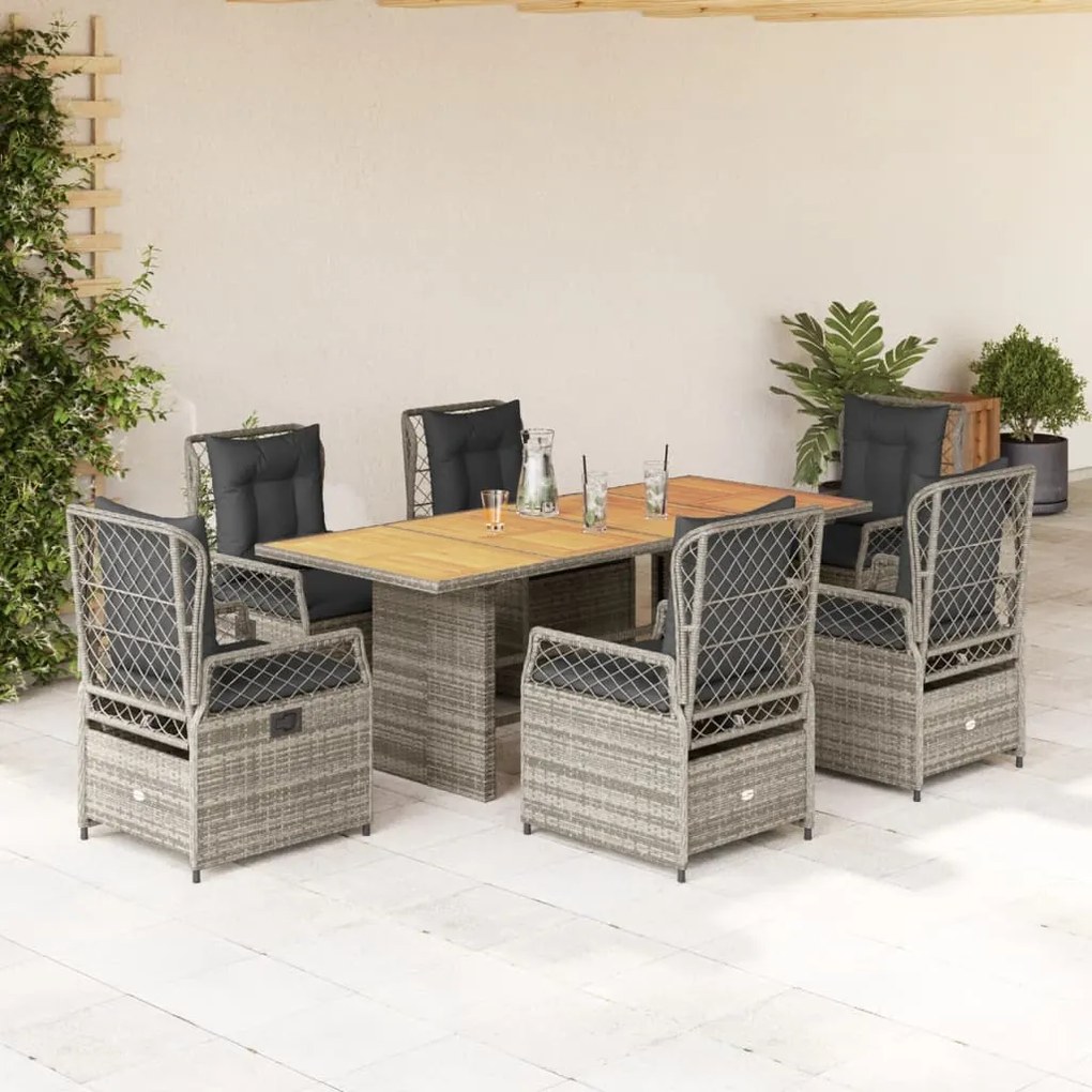 Set da pranzo da giardino 7 pz con cuscini in polyrattan grigio