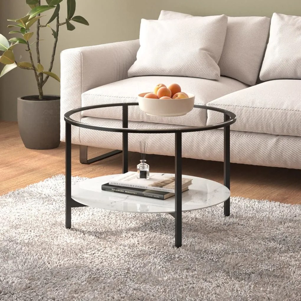 Tavolino Da Salotto Nero E Marmo Bianco 70cm İn Vetro Temperato /
