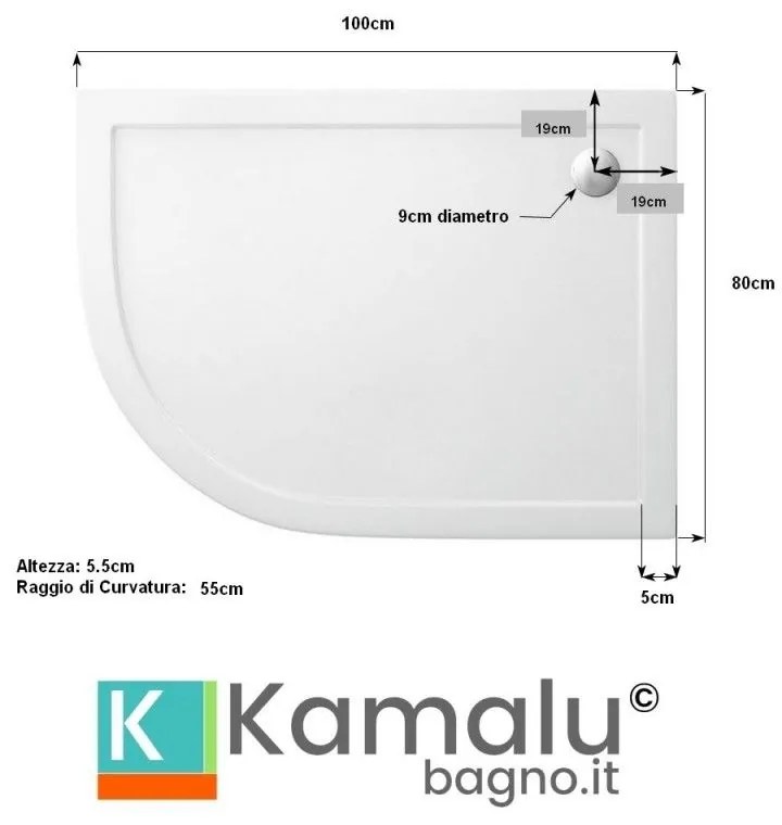 Kamalu - piatto doccia 100x80 semicircolare versione destra kam-1000