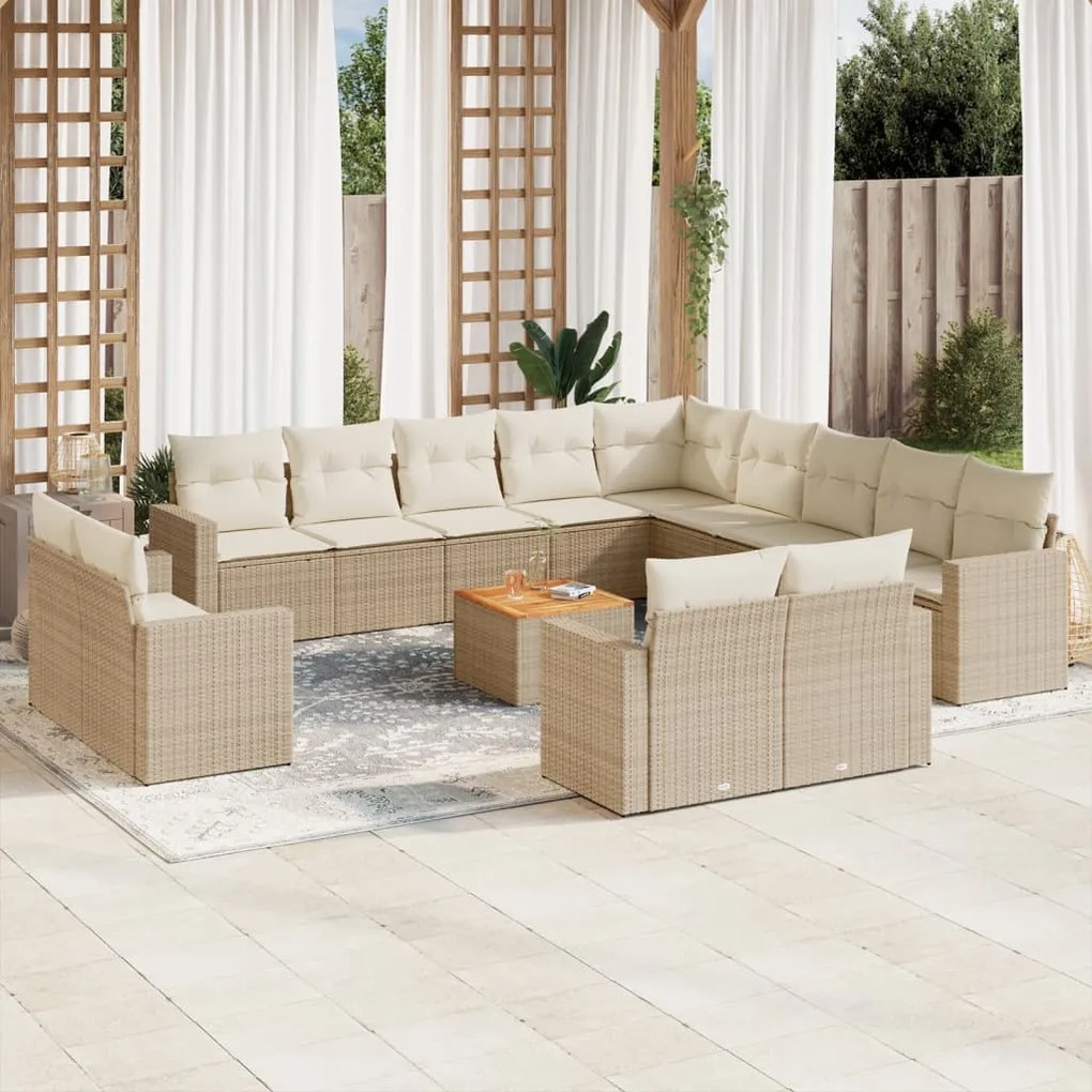 Set divani da giardino 14pz con cuscini in polyrattan beige