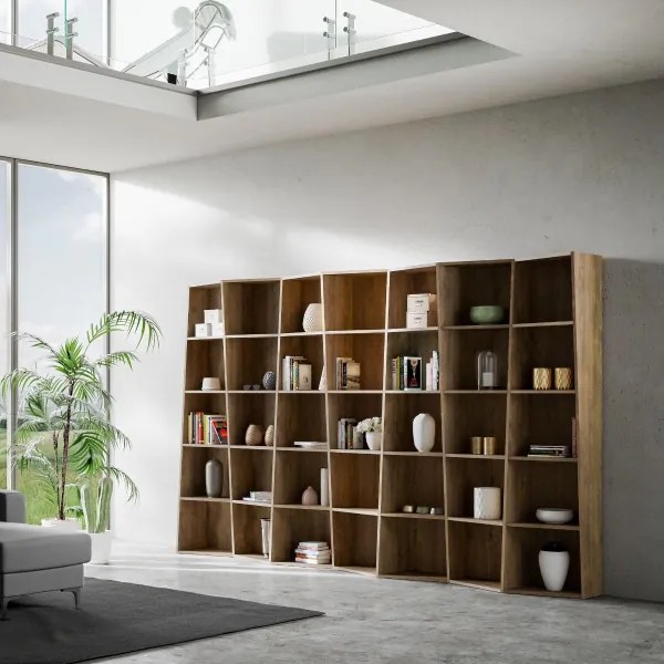 Libreria da parete con pannelli trapezoidali 317xh200 cm TREK 7 Noce