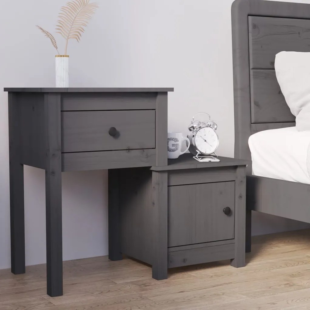 Comodino Grigio 79,5x38x65,5 Cm İn Legno Massello Di Pino /