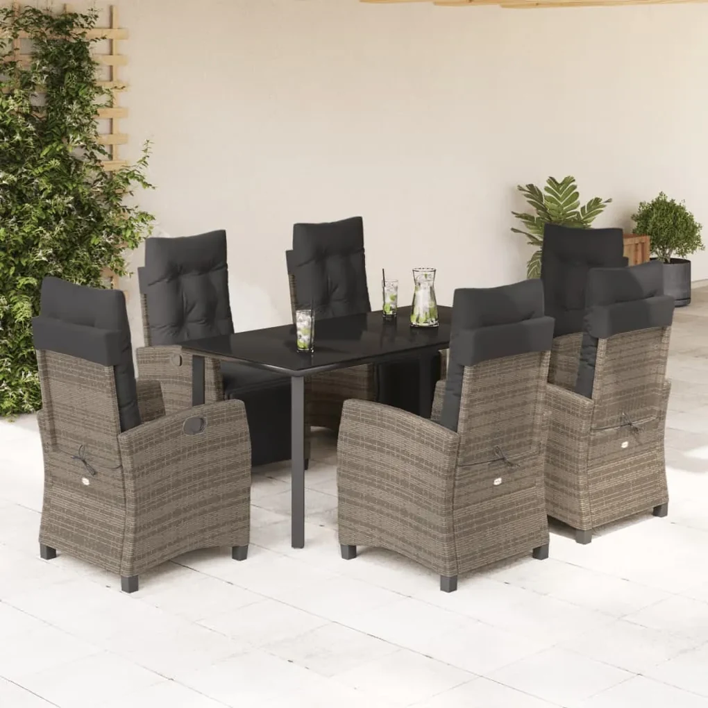 Set da pranzo da giardino 7 pz con cuscini in polyrattan grigio