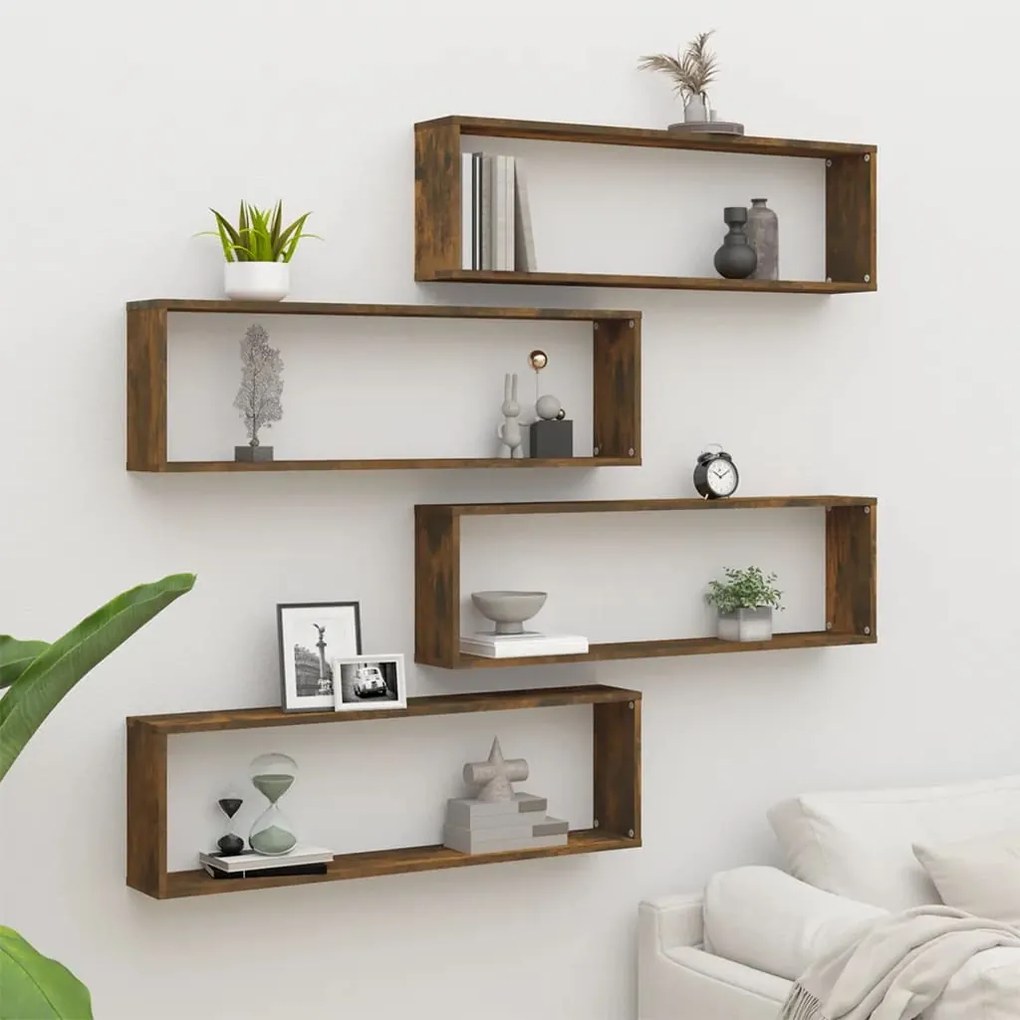 Mensole Parete Cubo 4pz Rovere Fumo 100x15x30 Legno Multistrato /