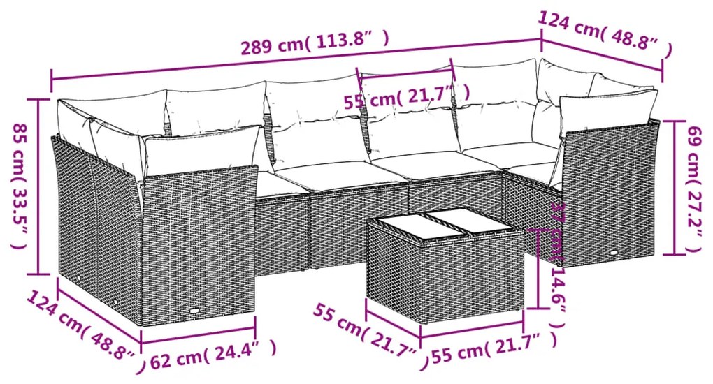 Set Divano da Giardino 8 pz con Cuscini Beige in Polyrattan