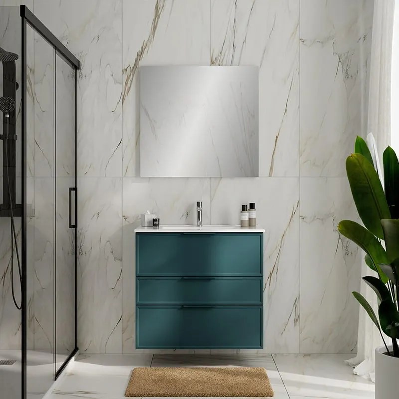 Mobile Quadra L80 H73 P39 mirto opaco laccato con lavabo in ceramica vasca centrale base con 3 cassetti a chiusura ammortizzata