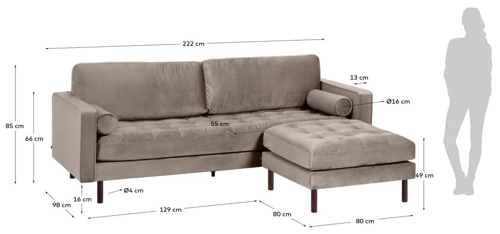 Kave Home - Divano Debra 3 posti con poggiapiedi in velluto topo 222 cm