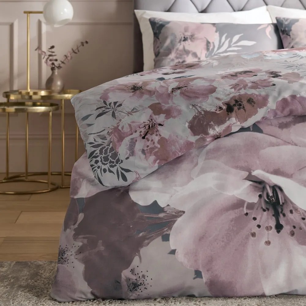 Set copripiumino e federa rosa e grigio per letto matrimoniale e per letto esteso 230x220 cm Dramatic Floral – Catherine Lansfield