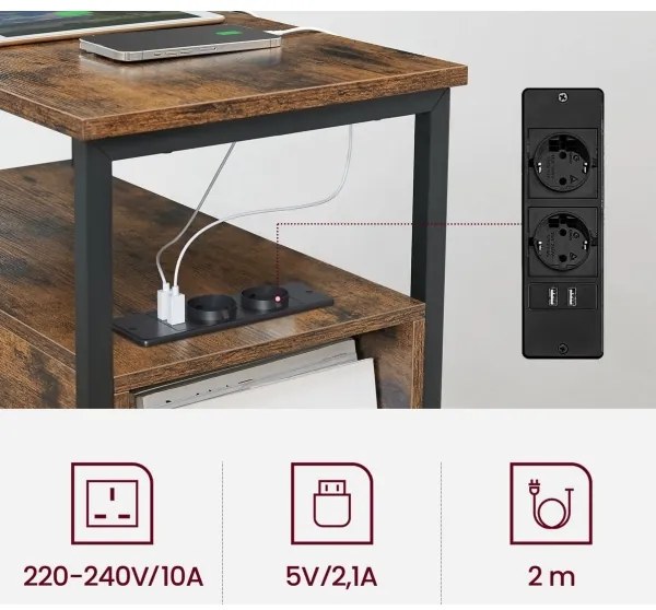 Tavolino d'appoggio con prese elettriche integrate e porte USB ROD marrone/nero