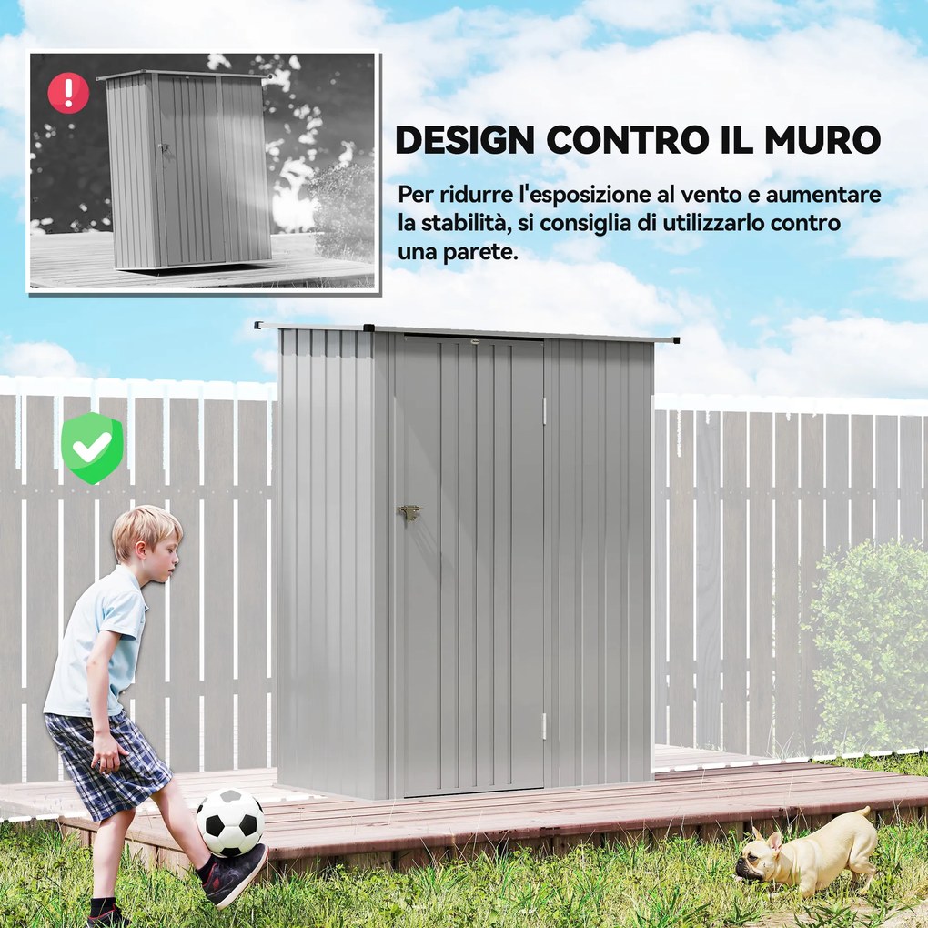 Capanno Porta Attrezzi 142x86x189 cm con Tetto Inclinato e Porta Bloccabile in Metallo Argento...