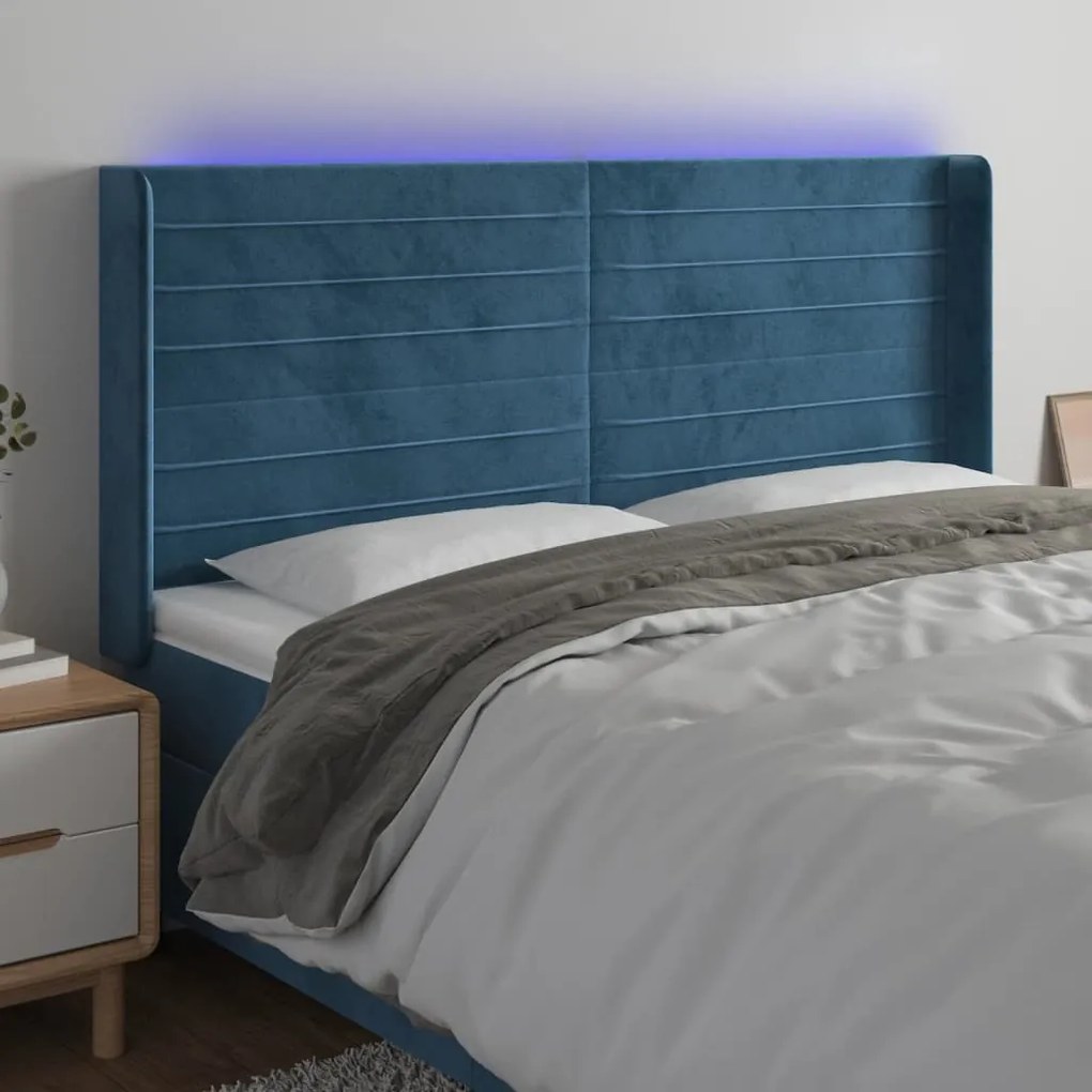 Testiera A Led Blu Scuro 203x16x118/128 Cm İn Velluto /