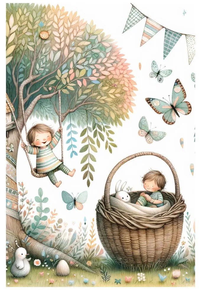 Quadro su tela – Giornata dei bambini tra alberi e farfalle