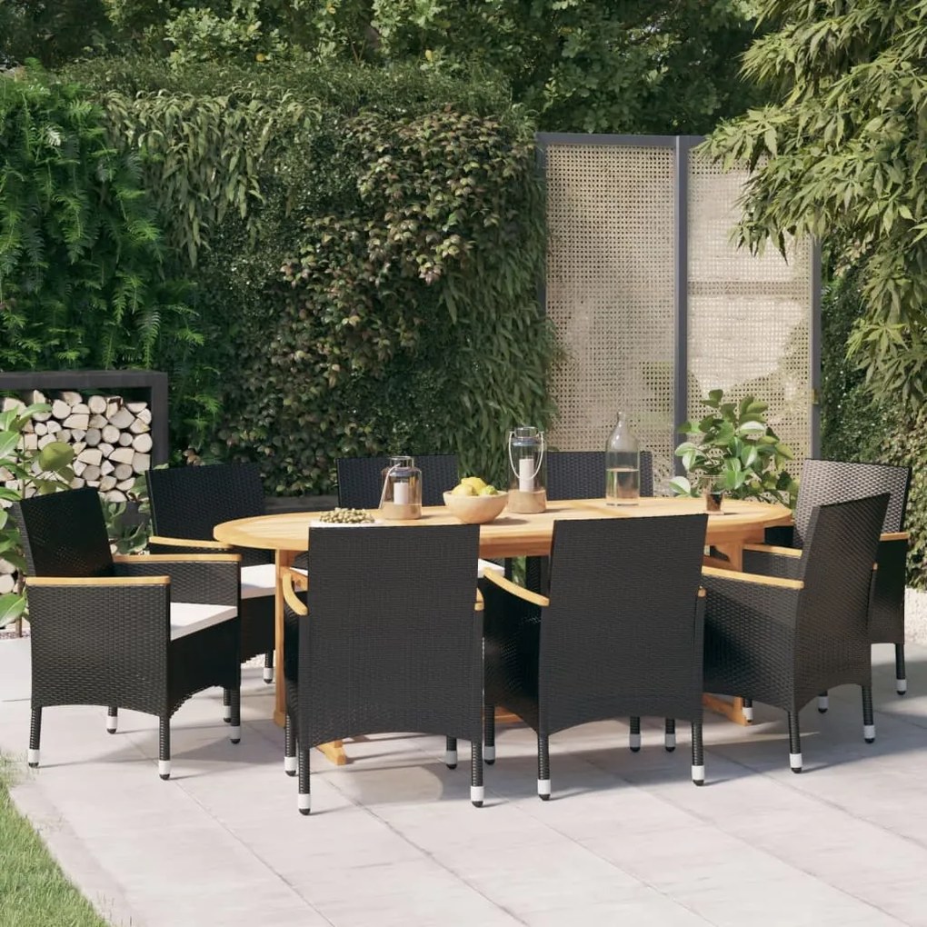 Set da pranzo per giardino 9 pz con cuscini nero