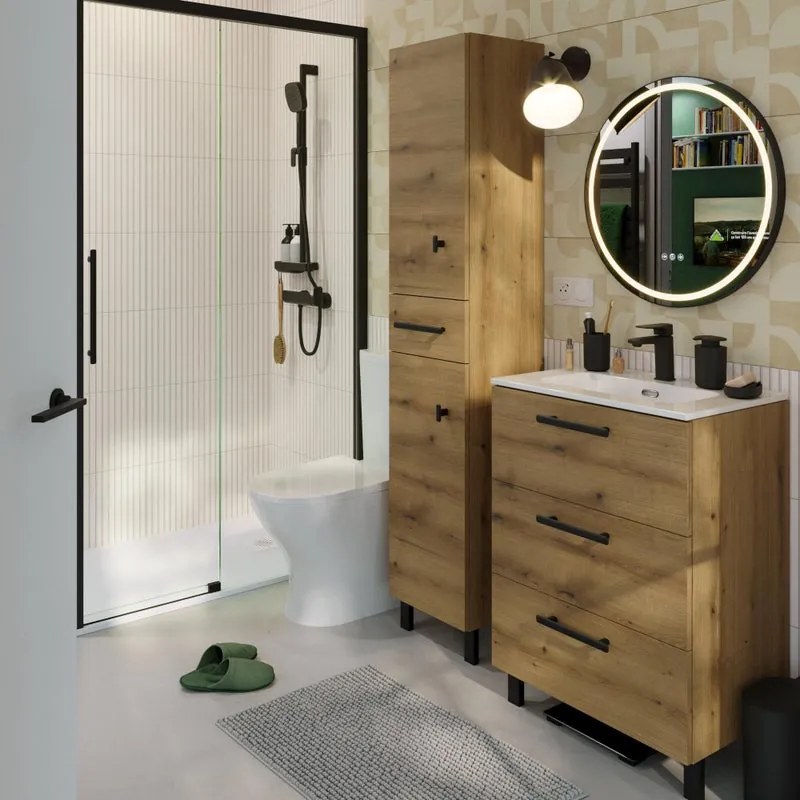 Mobile bagno a terra con lavabo L 60 x H 73 x P 40 cm rovere grezzo truciolare 3 cassetti | Remix