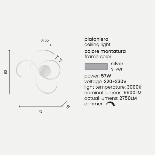 Plafoniera TWIST a LED 73x80 cm in metallo verniciato Silver