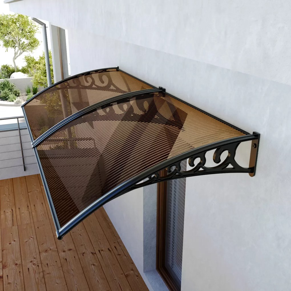 Pensilina Per Copertura In Policarbonato Alveolare Tettoia Modulabile Per Esterno Per Porte Balcone Finestre Elegante E Resistente, Colore Nero E Fumè (100 x 200 cm)