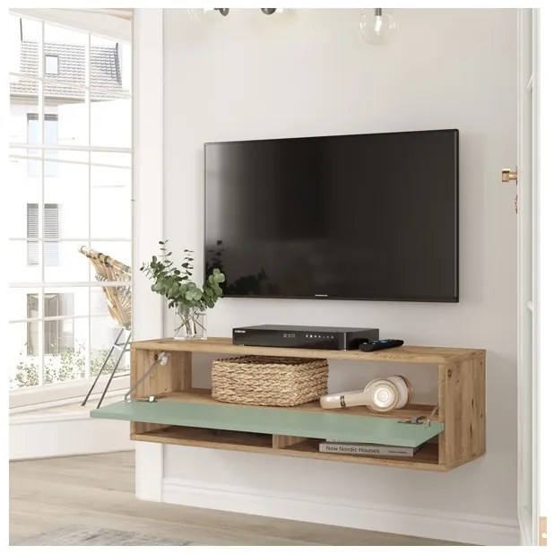 Mobile Tv Sospeso 100x32x30 2 Vani Effetto Legno Rovere E Verde Frame