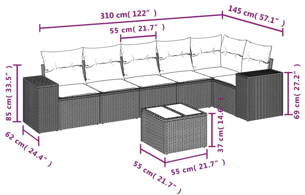 Set divani da giardino con cuscini 7pz nero polyrattan