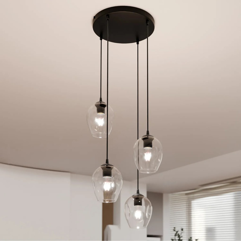 Lampadario 4 Luci Fuxi Base Tonda In Acciaio Nero E Vetri Trasparente