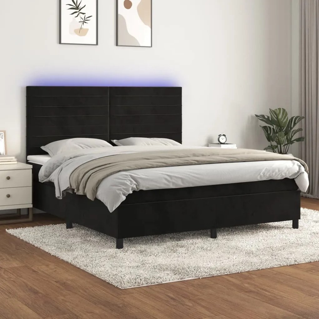 Letto A Molle Con Materasso E Led Nero 160x200 Cm İn Velluto /
