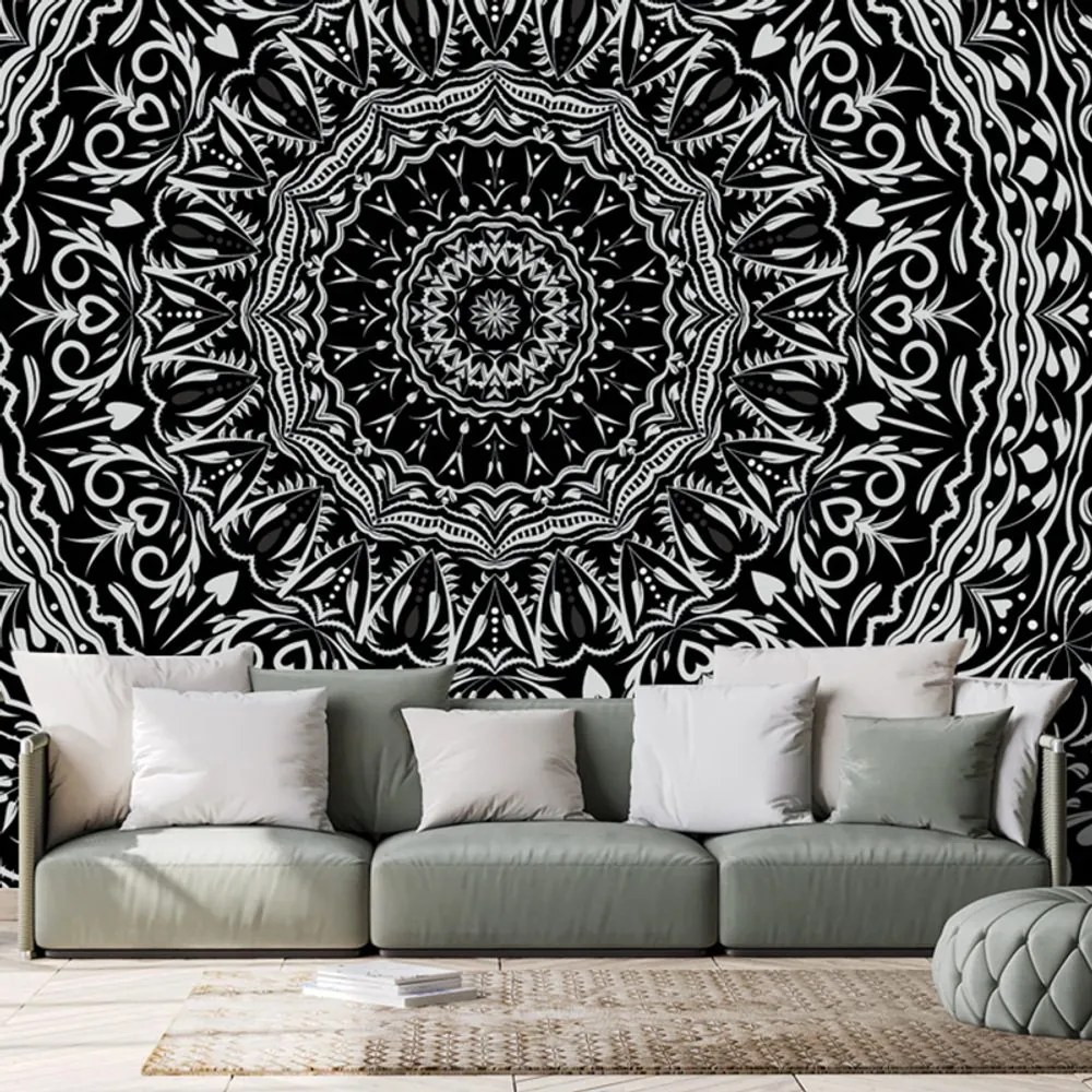 Carta da parati autoadesiva – Mandala in stile vintage in bianco e nero