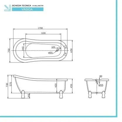 Vasca da bagno freestanding classica 170x75 con Piedini cromo a zampa daquila regolabili Mary