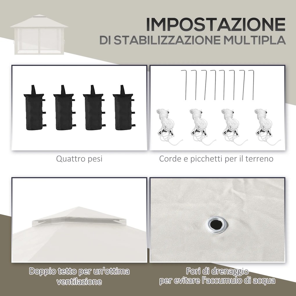 Gazebo Pieghevole 4x4 m ad Altezza Regolabile con Zanzariera e Borsa in Metallo e Tessuto Oxford Crema...