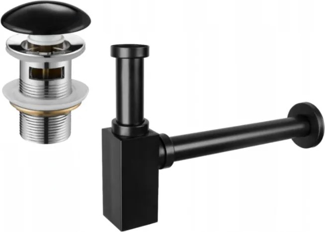 Mexen semi-sifone lavabo quadrato con tappo in ceramica clic-clac, con troppo pieno, nero - 7992060-75