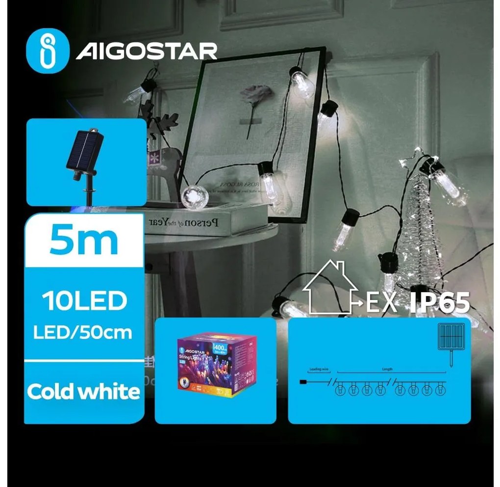 Aigostar - Catena di Natale solare a LED 10xLED/8 funzioni 6,5m IP65 bianco freddo