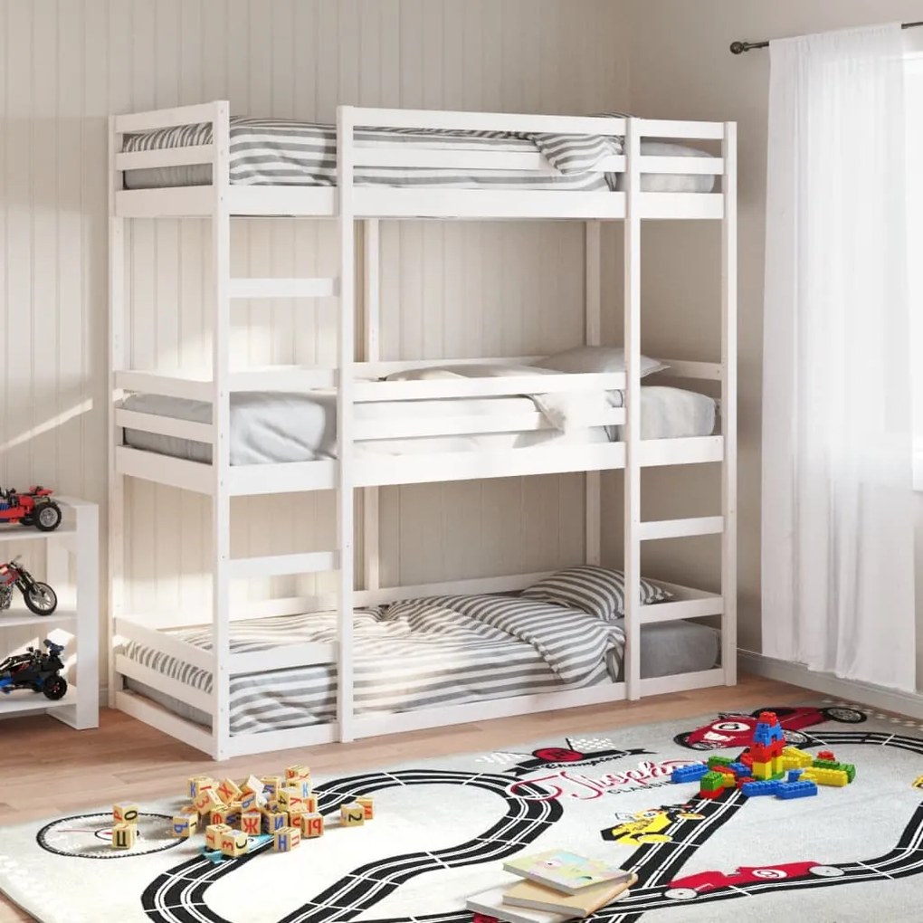 Letto A Castello Triplo Bianco 90x200 Cm Legno Massello Di Pino /