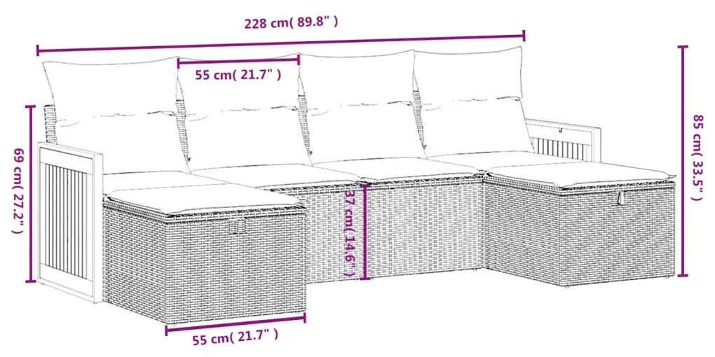 Set divano da giardino 6 pz con cuscini nero in polyrattan