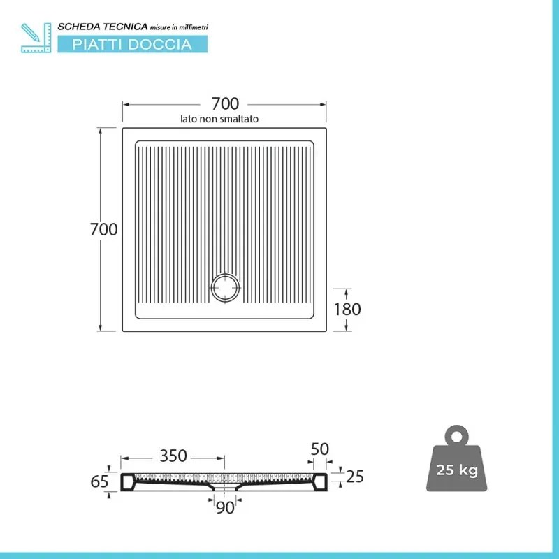 Piatto doccia 70x70 H 6.5 quadrato in ceramica bianca con antiscivolo Ferdy