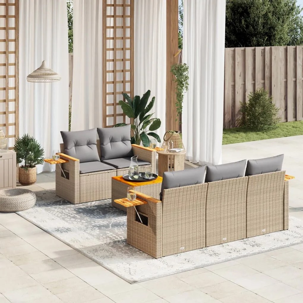 Set Divano da Giardino 6 pz con Cuscini Beige in Polyrattan