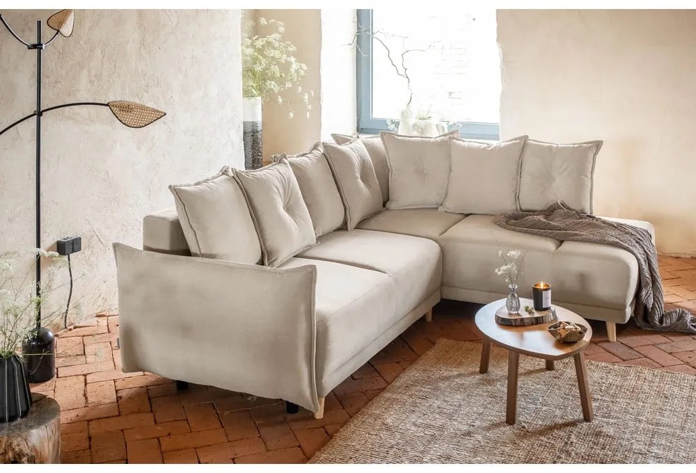 Divano letto angolare in velluto a coste beige (angolo destro) Lazy Lukka - Miuform