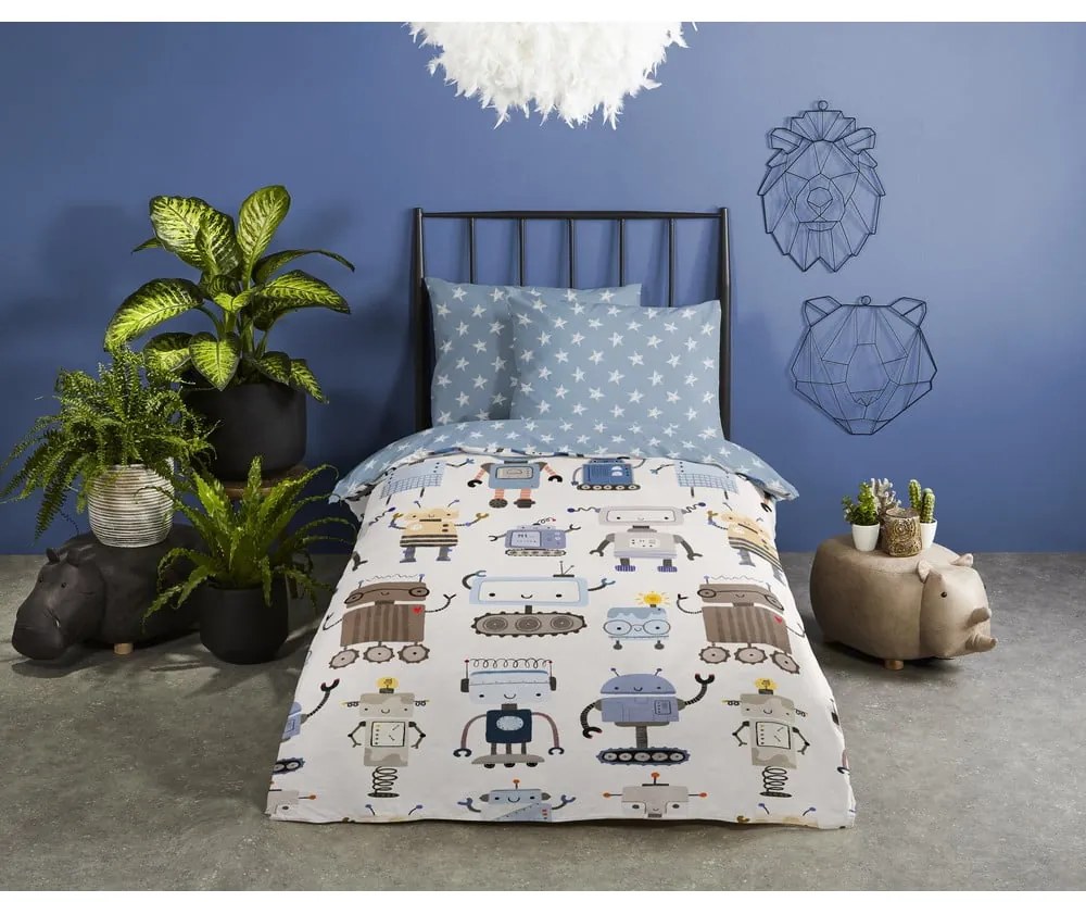 Set copripiumino e federa da bambini blu/beige in cotone per letto singolo 140x200 cm Robo – Good Morning